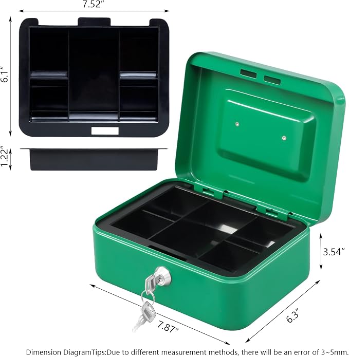 KYODOLED Medium Cash Box with Money Tray,Small Safe Lock Box with Key,Cash Drawer,7.87"x 6.30"x 3.54" Green Medium - Image 5