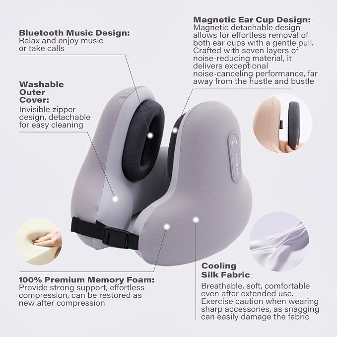 Neck Travel Pillows for Airplanes with Bluetooth, Premium Memory Foam Neck Pillow, Noise Reducing Travel Pillow for Long Flight, Office, Cars, Home, Sleeping and Rest, Gray - Image 3