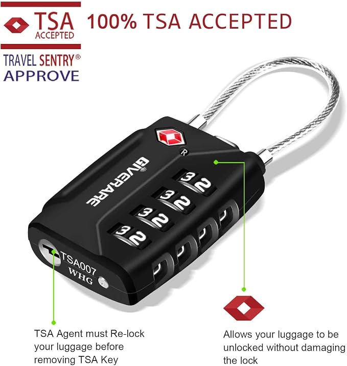 2 Pack TSA Approved Travel Luggage Locks, 4-Digit Metal Cable Combination Suitcase Lock, Alloy Padlocks, Weatherproof Padlock for Locker, Golf Bag, Gun Case, Backpack, Anti Theft-Black - Image 6