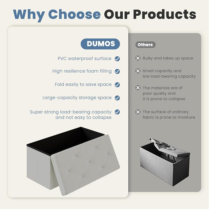 DUMOS 30 Inch Folding Storage Ottoman Bench, Large Hidden Storage Chest | Ottoman with Padded Seat, End of Bed Foot Rest Stool for Bedroom Living Room, Load 660 lbs, Lychee Grain Leather, Gray - Image 7