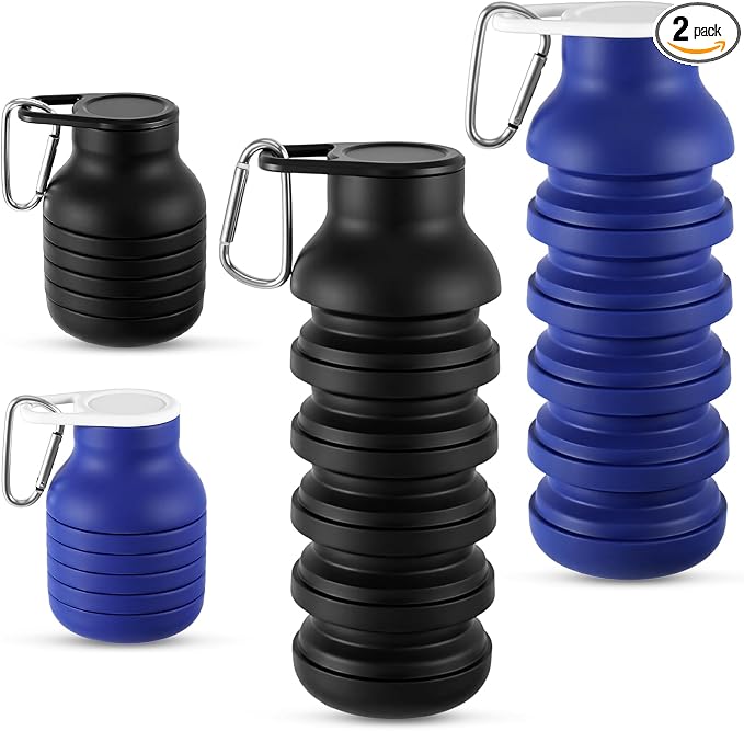LemonRoad 2 Pcs 20 oz Portable Collapsible Water Bottles Reusable Silicone Foldable Water Bottle Lightweight Leakproof Expandable for Gym Traveling Camping Hiking Sports (Black,Navy Blue) by Unknown