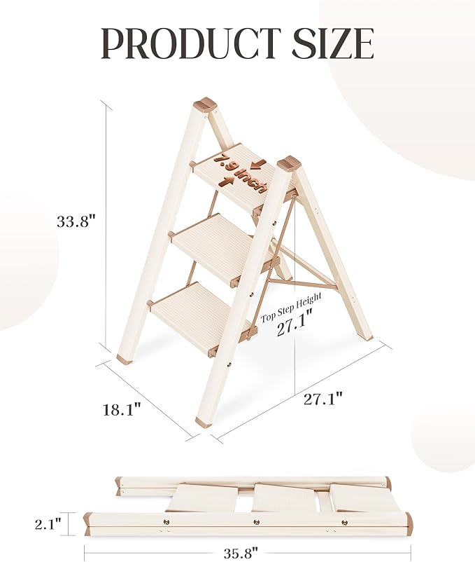 3 Step Ladder, Folding Step Stool with Anti-Slip Wide Pedal | Lightweight, Aluminum Material, 330LBS Load, Portable, Easy Storage, Space Saving, for Kitchen, Bedroom Use, Chocolate White - Image 2