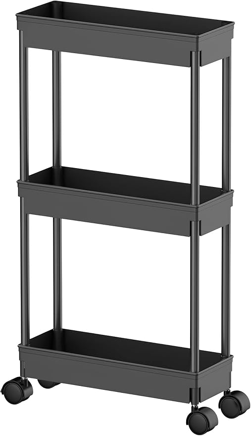 Sooyee 3 Tier Rolling Cart with Wheels, Black | Slim Storage Cart, Narrow Storage Cabinet, Under Desk Storage, For Office Bathroom Kitchen Laundry Room by Sooyee