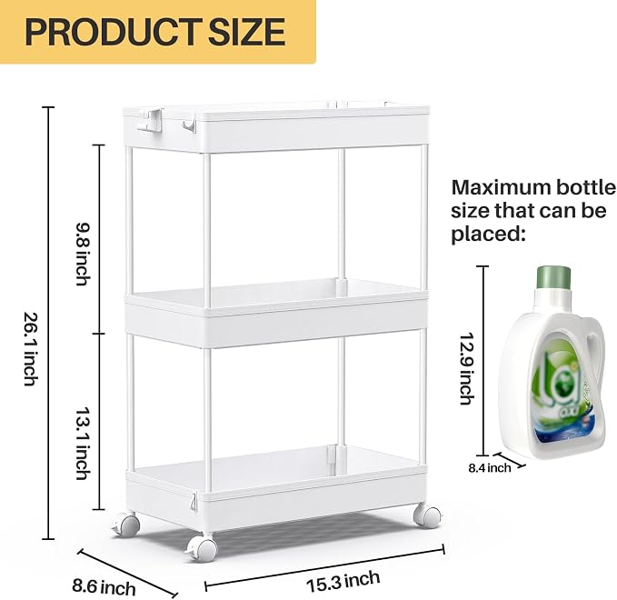 SPACEKEEPER 3 Tier Rolling Cart, Bathroom Cart Organizer with Wheels, White | Mobile Storage Cart for Laundry Room Organization,Kitchen,Office,Bathroom, Utility Cart for Snack,Craft,Art,Makeup,Nail,Toys - Image 4