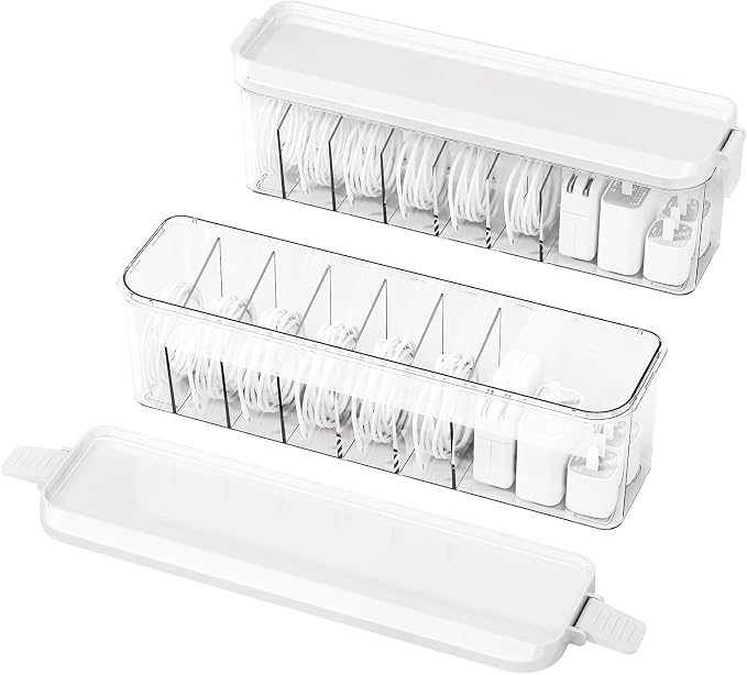 2 Pack Cable Organizer Box with Lid, Charge Cord Storage Organizer | Stackable Cable Storage Box, Fixed Dividers, No Cable Ties, Clear Dustproof Wire Management for Home Office Electronics - Image 8