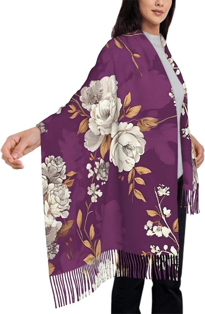 IBILIU Oversize Scarf for Women Floral Flower Purple Prune Color Scarf Tassel Scarves Fall Winter Shawl Wraps - 77.6 x 28.3in - Image 4