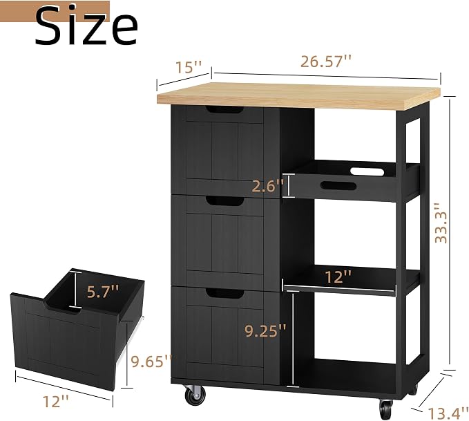 Shintenchi Kitchen Island Cart with Storage,Rolling Kitchen Island Storage Cabinet,Side Table on Wheels with Worktop,3 Open Shelves and 3 Drawers for Kitchen,Dinning Room, Black - Image 5