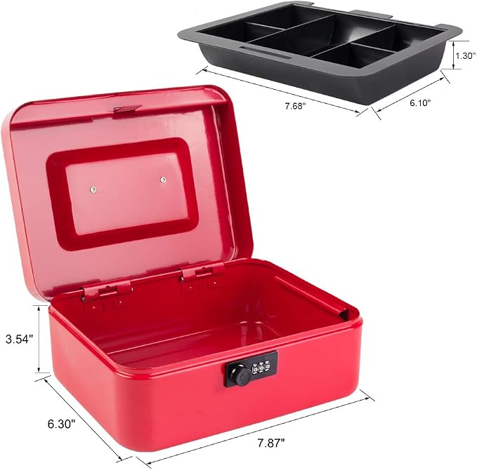 KYODOLED Medium Cash Box with Combination Lock Safe Metal Money Box with Money Tray for Security Lock Box 7.87"x 6.30"x 3.54" Red Medium - Image 3