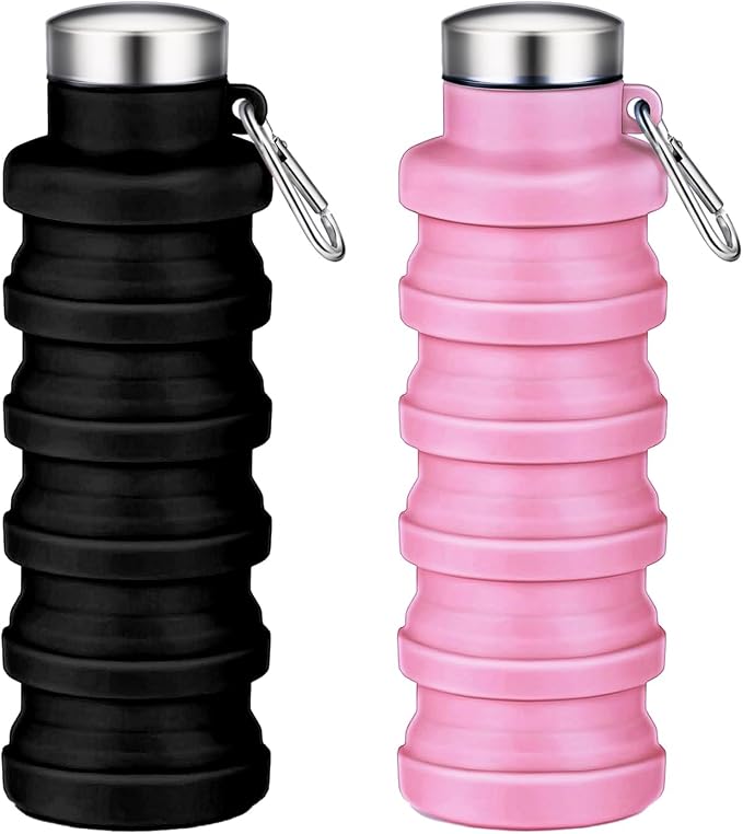 Collapsible Water Bottles,16oz Capacity Portable Reusable Silicone Water Bottle,Leak-proof,with buckle,foldable storage,Lightweight Durable for Fitness,Cycling,Sports,Camping,Hiking(Black+Pink) by Unknown