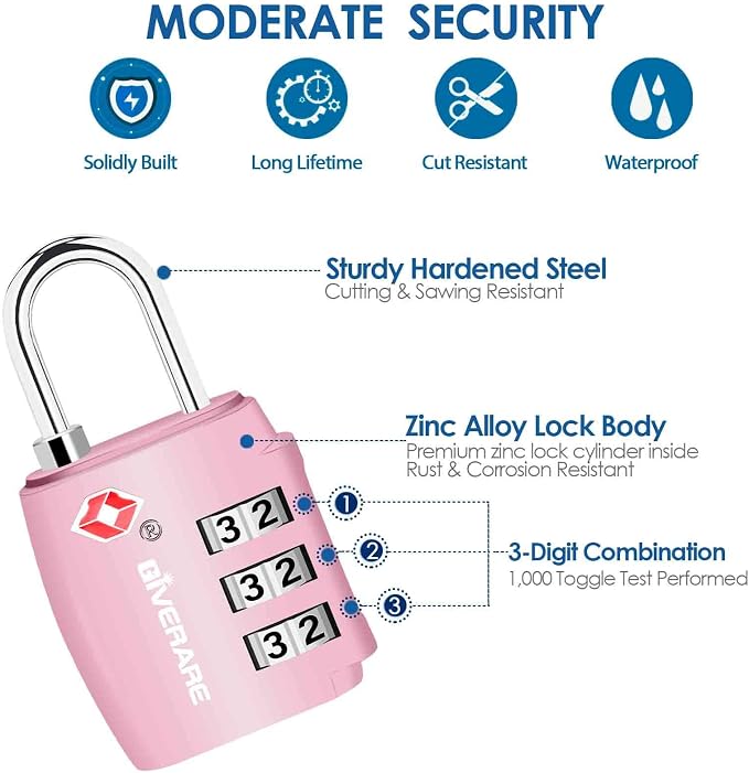 2 Pack TSA Approved Travel Luggage Locks, Combination Lock Alloy Body, Keyless 3-Digit Padlocks, Travel Sentry Accepted Compatible Padlock for Gym Locker, Golf Bag Case, Backpack, Black-by GIVERARE - Image 5