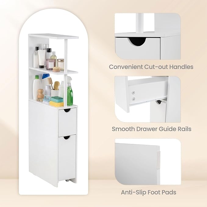 GIANTEX Slim Storage Cabinet, Narrow Freestanding Bathroom Organizer with Open Shelves, Pull-Out Drawer and Slide-Out Cart, Space-Saving Wooden Floor Cabinet for Entryway, Living Room and Kitchen - Image 7