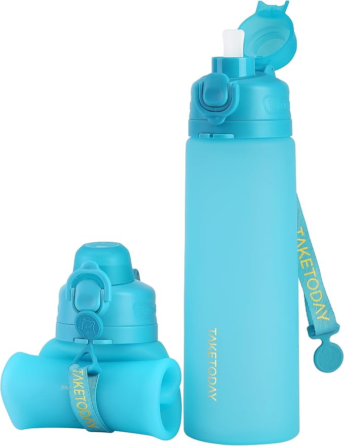 TakeToday Collapsible Water Bottles 21oz (600mL), Foldable Platinum Silicone Travel Water Bottle with Straw & Carry Strap, Leak-Resistant Screw Lid, Wide Mouth, BPA-Free for Hiking, Camping, Travel by TAKETODAY