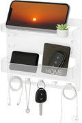Bedside Wall Shelf Organizer with 5 Hooks & Cable Clips, Plastic Adhesive Wall Mount Storage Rack for Phone, Remote, Earphones, Kindle, Bedroom, Dorm, RV (Clear) by FTNA