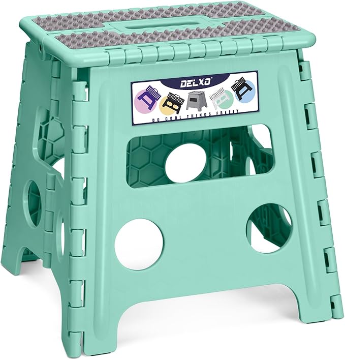 Delxo Folding Step Stool 13 Inch,300 Lbs Step Stool for Adults Green | Foldable Step Stool 13",Non-Slip Foot Stools with Handle,Lightweight Collapsible stools for Kitchen,Bathroom,Bedroom,Garden by Delxo
