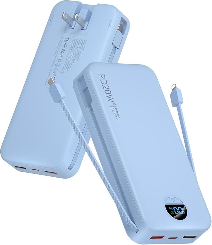 citicr Portable Charger 20000mAh PD20W w/Built-in Cables & Wall Plug Blue | High capacity, Fast charging, Built-in wall plug, LED display, Charge 5 devices at once, Pass through charging, TSA approved by CITICR