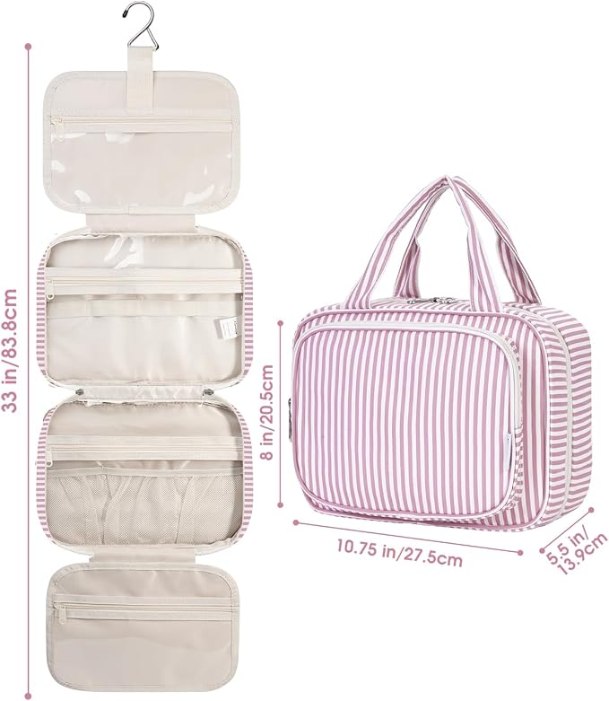 Narwey Striped Hanging Toiletry Bag for Women Travel Makeup Bag Organizer Toiletries Bag for Travel Size Essentials Accessories Cosmetics (Dusty Pink Stripe (Medium)) - Image 8