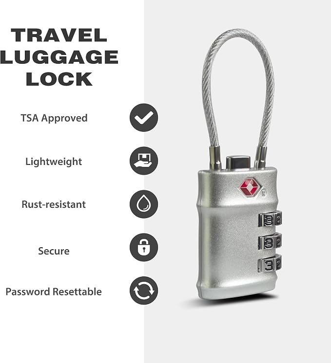 Luggage Locks TSA Approved, Small Padlock Combination with Cable, TSA Locks for Luggage, Combo Padlock with Code, for Travel Suitcase, Gym Locker, Gun Case, Backpack Zipper (Black+Silver) - Image 3