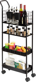 danpinera 4 Tier Slim Cart with Wheels, 7.7’’ Metal Skinny Rolling Storage Cart on Wheels for Kitchen, Bedroom, Office, Laundry Room, Small Narrow Spaces with Hooks and Cups, Black by danpinera