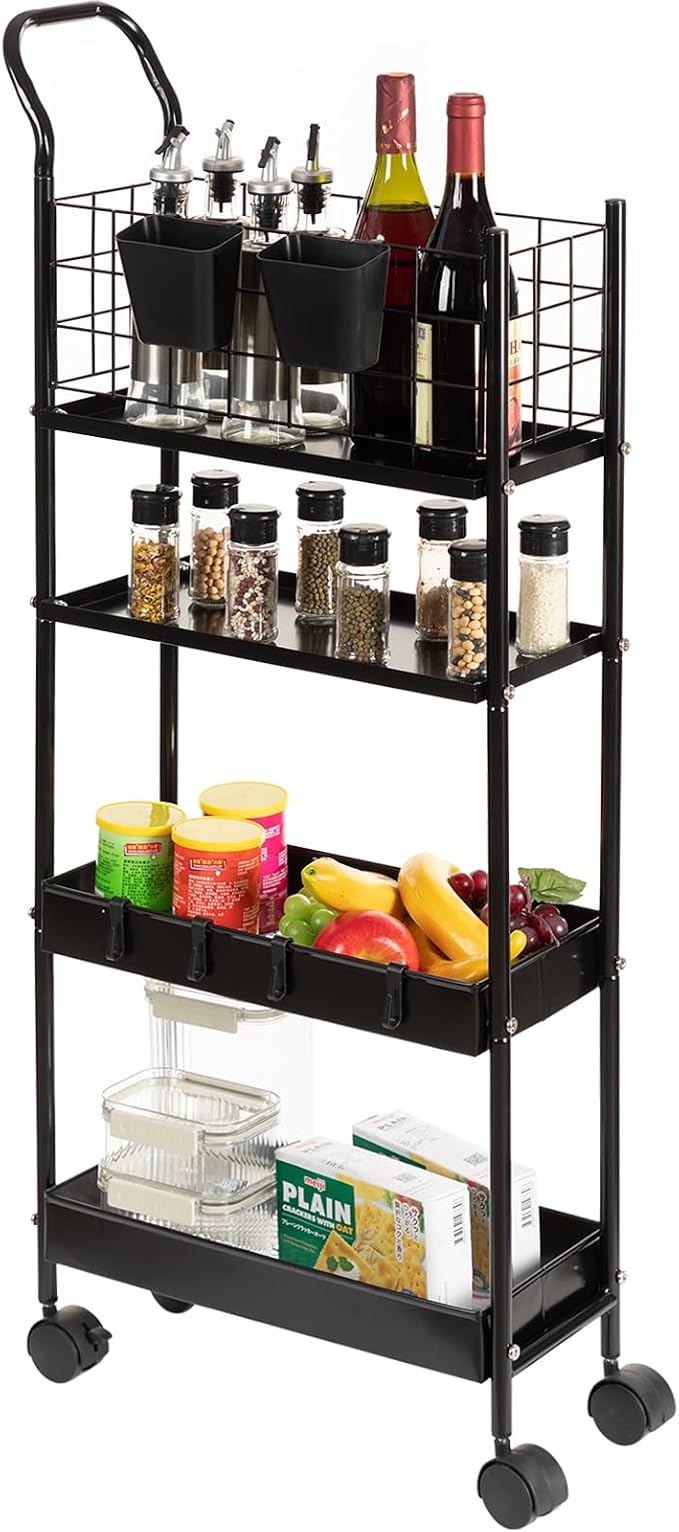 danpinera 4 Tier Slim Cart with Wheels, 7.7’’ Metal Skinny Rolling Storage Cart on Wheels for Kitchen, Bedroom, Office, Laundry Room, Small Narrow Spaces with Hooks and Cups, Black by danpinera