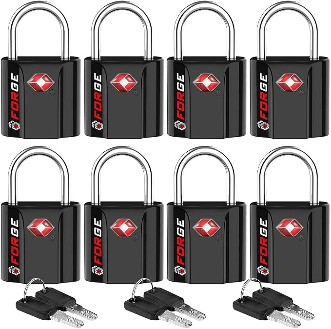Forge Small Size TSA Approved Luggage Locks: Key Locks for Travel. Ultra Secure Dimple Key Travel Locks Alloy Body Luggage Locks. Black 8 Pack. by Forge