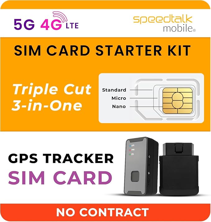 GPS Tracker SIM Card Starter Kit | 3 in 1 Universal Simcard: Standard, Micro, Nano for Kids Senior Pet Car Fitness Activity 5G 4G LTE Tracking Devices | No Contract by SpeedTalkMobile