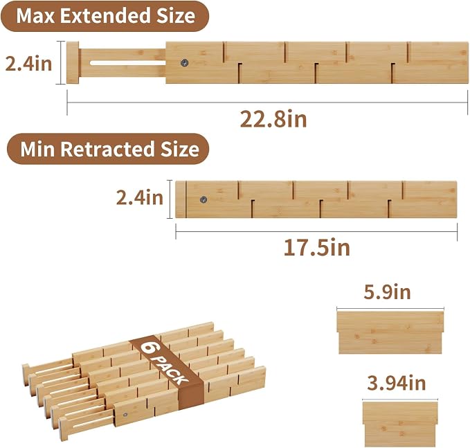 Bamboo Drawer Dividers 6 Pack with Inserts, Kitchen Adjustable Drawer Organizers for Home, Bedroom, Dresser, Expandable Organization 6 Dividers with 12 Inserts - Image 3