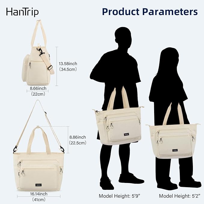HanTrip Large Laptop Tote Bag with Luggage Sleeve for Travel Work, Offwhite | 16.5 Inch Laptop Sleeve, 31L Zippered Tote Bags, Water Resistant, Water Bottle Pocket, Detachable Adjustable Shoulder Strap - Image 7
