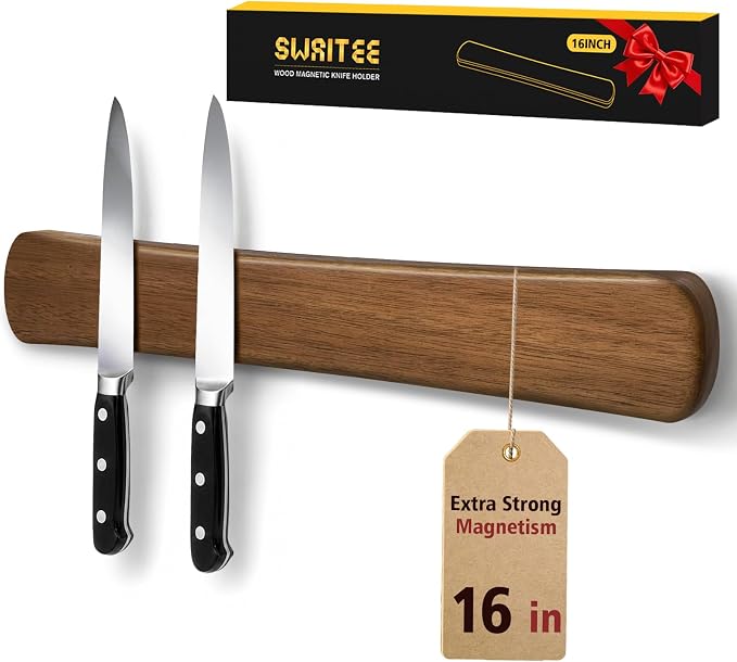 Magnetic Knife Holder, 16 Inch Acacia Wood Knife Strip for Wall or Fridge | Fridge Magnetic or Screw-Mounted, Strong Magnet Secures Knives, Space-Saving, Kitchen Knife Storage, Housewarming Gift by SWAITEE