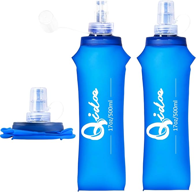2PCS Soft Water Bottle, 17oz/500ml TPU Collapsible Flask Foldable Bottles for Hydration Pack, BPA-Free Soft Flasks Handheld Soft Flask Running Bottle for Running Hiking Cycling Climbing Traveling by Qidoe
