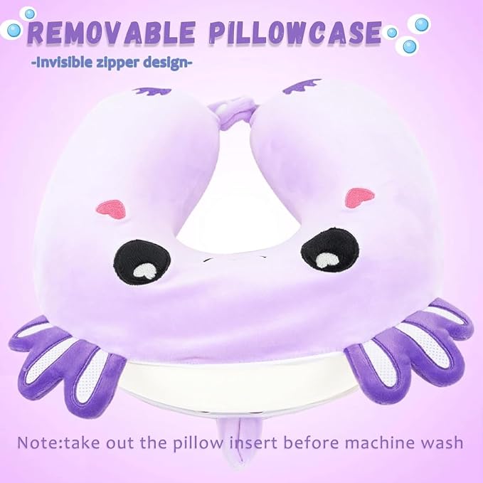 Travel Pillow, Kids Travel Pillow with Sleep Eye Mask Soft Memory Foam Kids Neck Pillow for Boys & Girls, Travel Accessories for Car Airplane Traveling - Purple Axolotl - Image 4