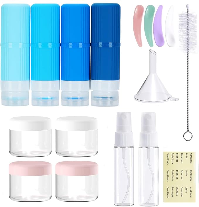 18 packs of toiletries travel bottles, TSA Approval silicone travel containers, leak proof refillable shampoo and conditioner are essential for travel, fitness, business trips, office use(blue) by Unknown