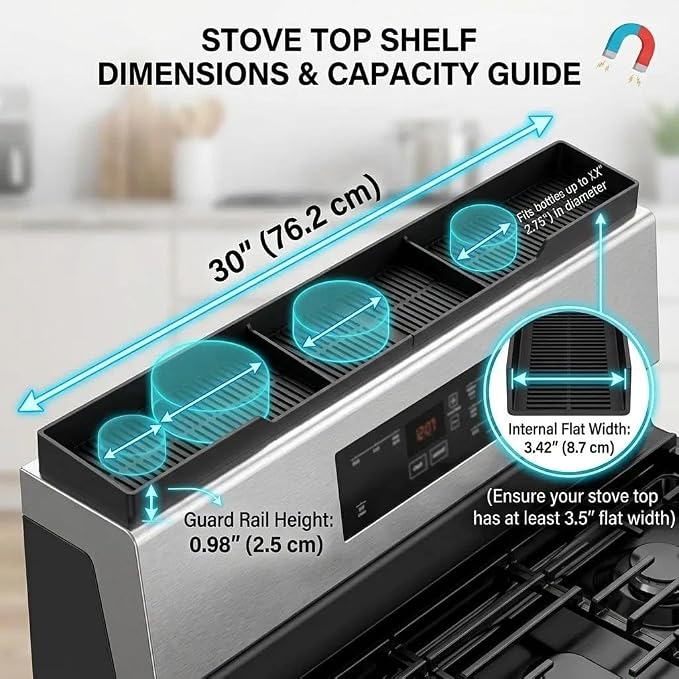 AWOKE Stove Top Shelf 30 Inch - Silicone Material Magnetic Shelf for Stove - 3 Functional Partitions Kitchen Spice Rack Organizer-Black,Kitchen Gadgets Storage Organization - Image 2