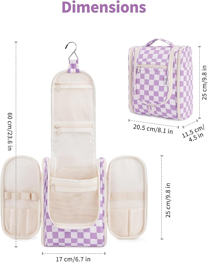 Narwey Small Checkered Hanging Travel Toiletry Bag for Women, Travel Bag for Toiletries, Makeup Bag Organizer Cosmetic Bags Make Up Bags for Women (Purple Checkerboard) - Image 5