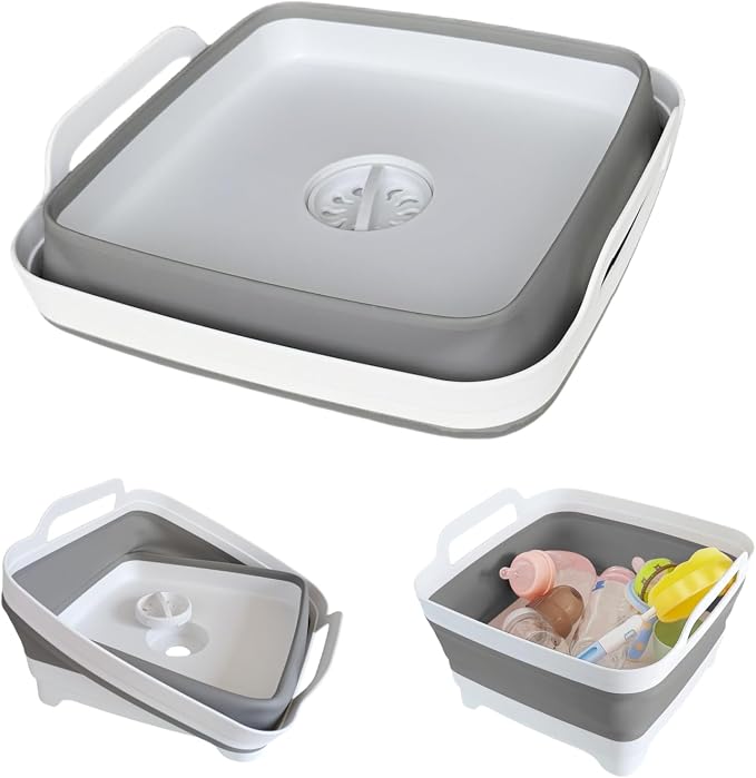 Collapsible Wash Basin with Drain Plug - 2.4 Gallon Foldable Kitchen Sink for Baby Bottles, RV Camping, Space-Saving Dish Tub (Gray-Pink) - Image 9