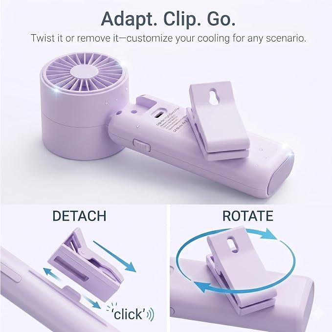 fygurso Personal Portable Clip-on Handheld Fan Rechargeable, Purple | Neck-Crossbody fit lanyard. Detachable clip. 10H battery. LED monitor. 5-Speed from 30dB low noise to 10000rpm blast. - Image 2