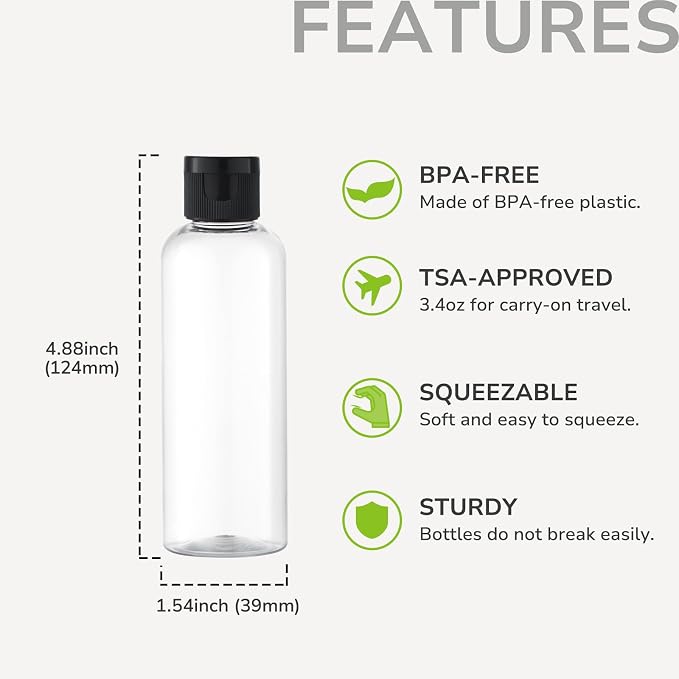 LISAPACK 3.4 oz Travel Bottles for Toiletries, Plastic Shampoo Containers | 5pcs small size dispenser, clear squeeze tubes, leak proof, small empty for liquid, lotion, conditioner, soap, 100 ml, TSA - Image 2