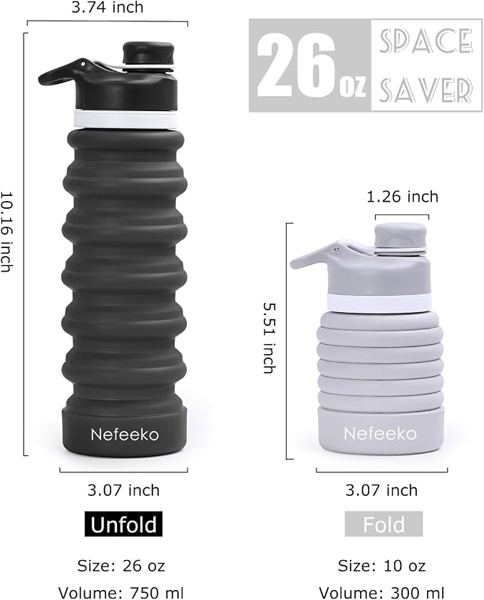 Nefeeko Collapsible Water Bottle, 26oz Silicone Foldable Water Bottles | Leakproof BPA Free Travel Water Bottles with Carabiner,Portable Sport Water Bottles for Camping,Hiking Outdoor Indoor Sport - Image 2