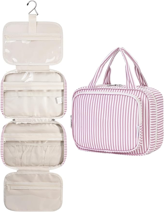 Narwey Striped Hanging Toiletry Bag for Women Travel Makeup Bag Organizer Toiletries Bag for Travel Size Essentials Accessories Cosmetics (Dusty Pink Stripe (Medium)) by Narwey