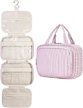 Narwey Striped Hanging Toiletry Bag for Women Travel Makeup Bag Organizer Toiletries Bag for Travel Size Essentials Accessories Cosmetics (Dusty Pink Stripe (Medium)) by Narwey