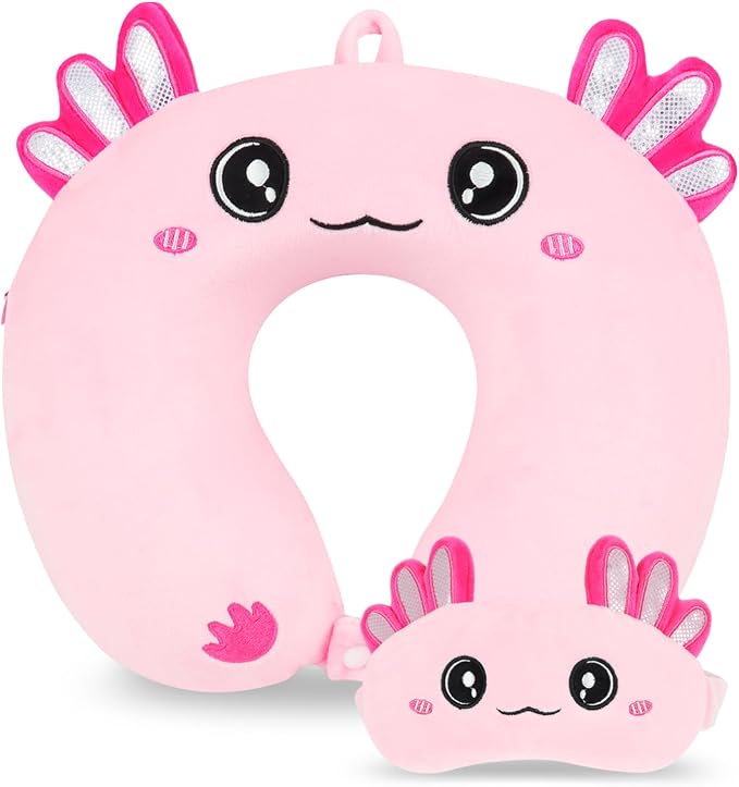 Travel Pillow, Kids Travel Pillow with Sleep Eye Mask Soft Memory Foam Kids Neck Pillow for Boys & Girls, Travel Accessories for Car Airplane Traveling - Axolotl by MissSoul
