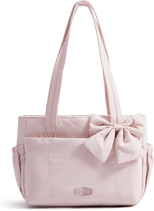 BAGSMART Crush Bow Tote Bag for Women, Puffer Travel Work Yoga Laptop Bag | Large Bow Tote Fits 40oz Tumbler, 15.6" Laptop, Yoga Mat Sleeve, Waterproof Pocket, Travel Work Swim Gym Mom Shoulder Handbag by BAGSMART