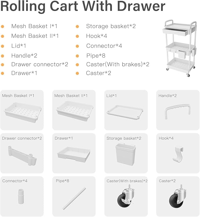 Sorgion 3 Tier Rolling Cart Organizer,Laundry Room Bathroom Organizers and Storage Office Shelves Mobile Shelving Unit Kitchen Trolley Cart with Wheels for Art,Craft,Diaper,Bedside,Snack(White) - Image 7