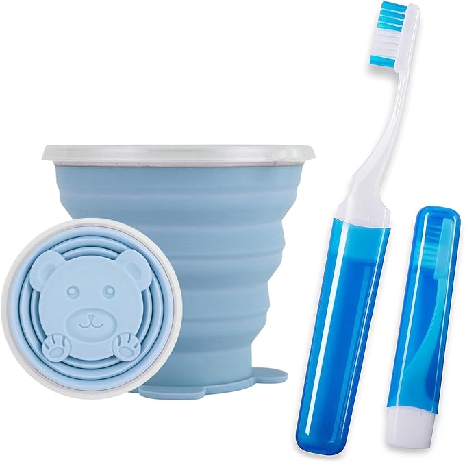 Toothbrush Travel Case, Travel Toothbrush Silicone Collapsible Toothbrush Cup, Travel Toothbrush Set Suitable for Business Camping Travel or Daily Use (Blue) by Unknown