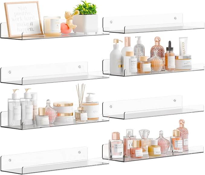 8 Pack 15" Acrylic Shelves for Wall,Bathroom,Bedroom - with Adhesive - No Drilling Clear Floating Shelves for Funko Pop,Lego,Action Figures,Nail Polish,Perfume Shelf and Wall Storage & Display by Yieach