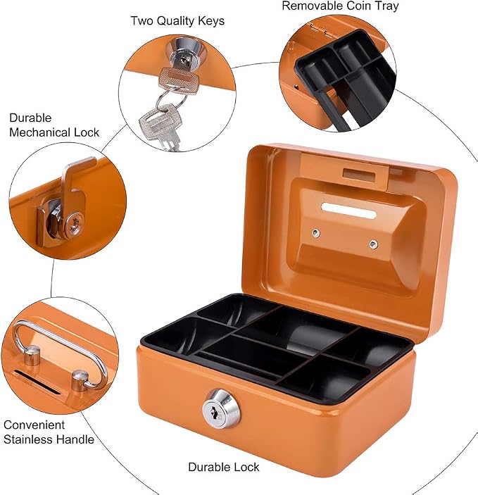 Mini Cash Box with Slot Small Cash Box with Money Tray and Key Lock, Metal Lock Box for Casino Gamblers 4.9" x 3.7" x 2.4" Orange - Image 4