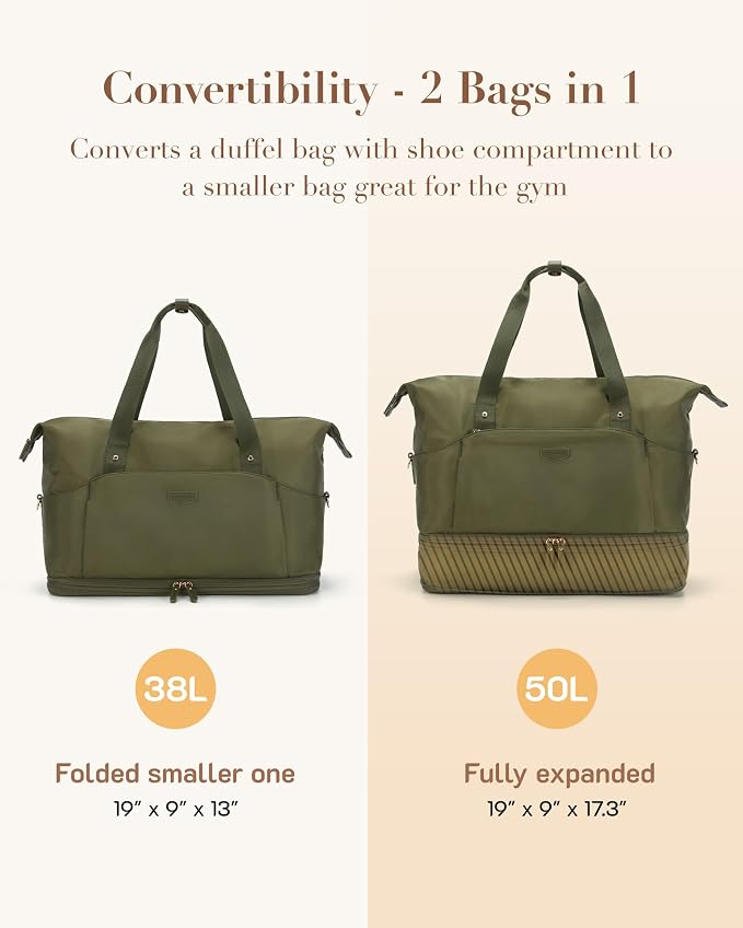 Missnine Weekender Bag for Women, Foldie Travel Bag Expandable with Shoes Compartment Travel Duffel 50L Carry on Overnight Gym - Image 2