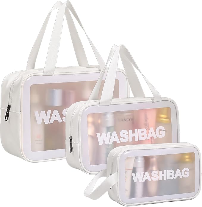 DAPOWER Travel Toiletry Bag for Women and Men, Matte Translucent Shower Bag with Handy Handle, Makeup Cosmetic Organizer Bag for Travel Toiletries Accessories (White) by DAPOWER
