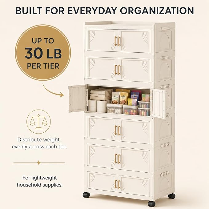 6-Tier Foldable Storage Cabinet with Doors and Locking Wheels | Tall white PP cabinet, 30 lb per tier; magnetic double doors, raised top tray, snap-fit tiers, and 360° locking wheels - Image 3