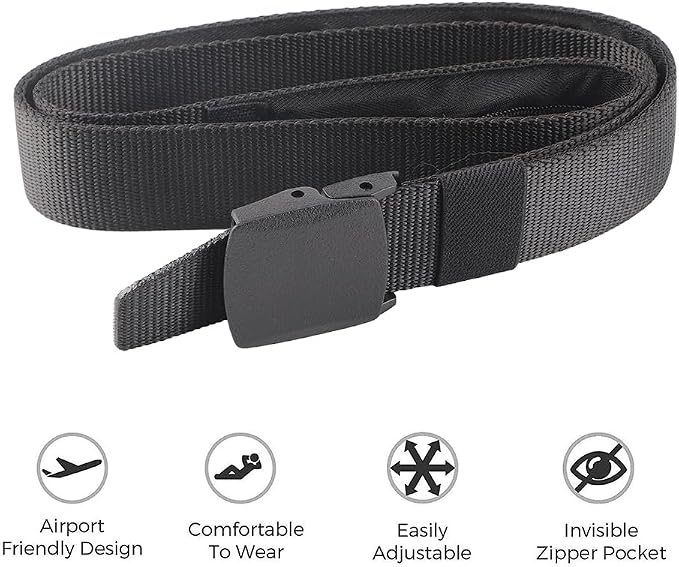 Travel Security Money Belt with Hidden Money Compartment Pocket, Cashsafe Anti Theft Wallet Non Metal Buckle Unisex Nylon Belt, Money Belt for Men Security Belt (Black) - Image 9