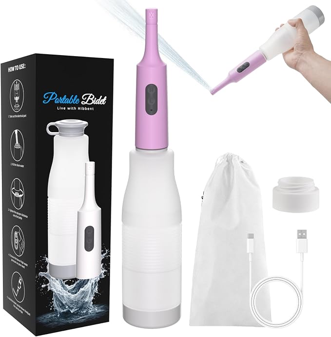 Hibbent Portable Bidet for Travel, High Pressure Electric Handheld Bidet Sprayer, 350-550ML Expandable Bottle for Personal Hygiene, USB-C Rechargeable Waterproof, Travel Sprayer for Women & Men, Pink by Hibbent